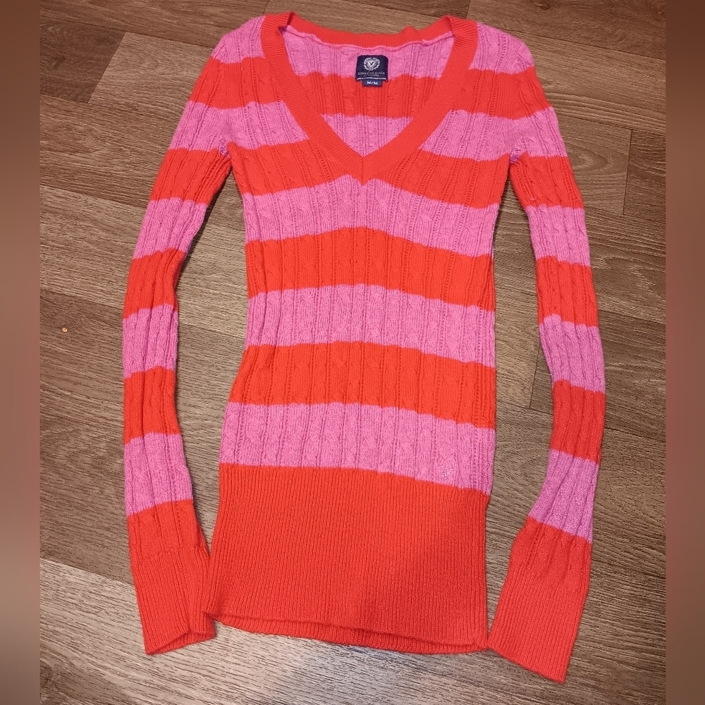 Y2K American Eagle Cable Knit Striped Tennis Sweater Size M
